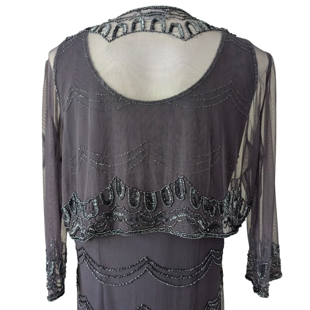 Vintage Art Deco Beaded Purple Mesh Midi Dress Bolero Set Rayon Cocktail Gatsby